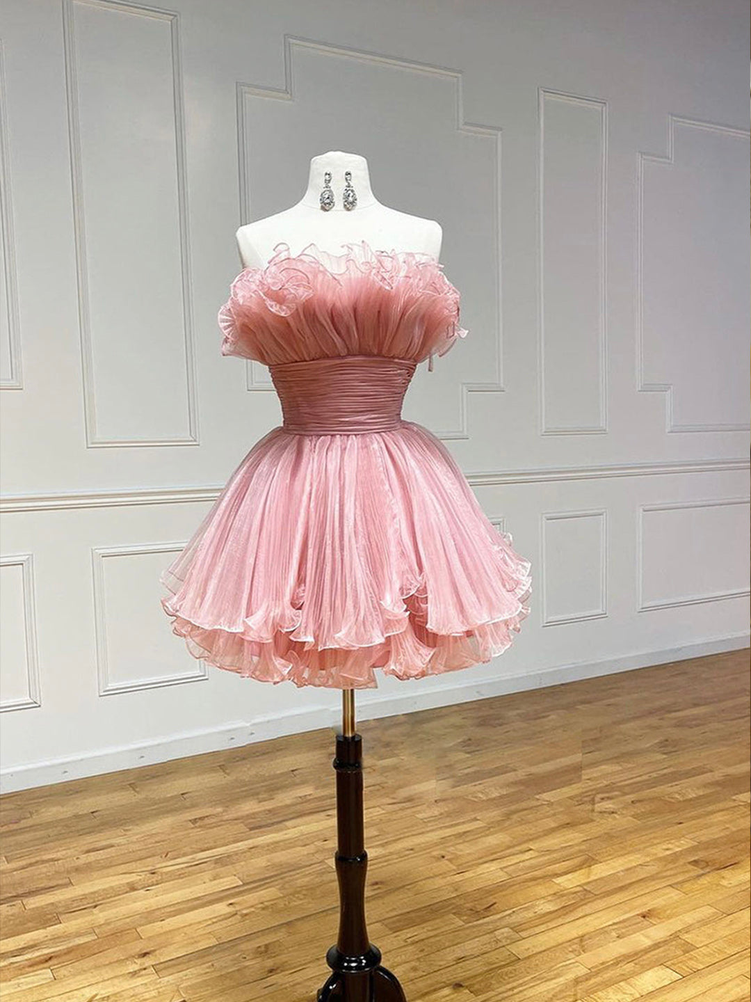 Prom Dress Elegant, Pink Strapless Tulle Short Prom Dress, Cute A-Line Homecoming Dress