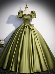 Prom Dress For Kids, Green Satin Short Sleeve Floor Length Formal Dress, Green A-Line Prom Dress