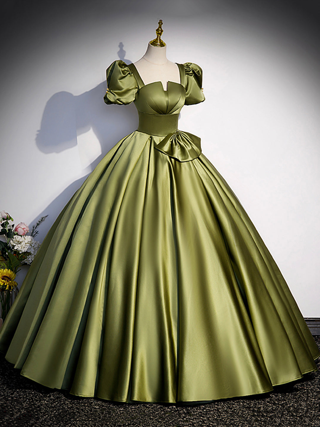 Vintage Dress, Green Satin Short Sleeve Floor Length Formal Dress, Green A-Line Prom Dress