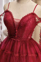 Glam Dress, Burgundy Lace Short A-line Prom Dress, Cute Spaghetti Strap Party Dress