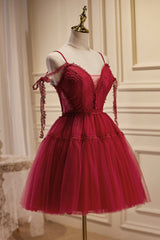 Little Black Dress, Burgundy Lace Short A-line Prom Dress, Cute Spaghetti Strap Party Dress