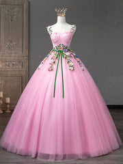 Homecoming Dresses Black, Pink Tulle Flower Long Prom Dresses, Lovely Spaghetti Formal Dresses Sweet 16 Dresses
