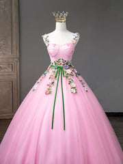 Homecoming Dresses Bodycon, Pink Tulle Flower Long Prom Dresses, Lovely Spaghetti Formal Dresses Sweet 16 Dresses