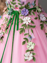 Homecoming Dress Black, Pink Tulle Flower Long Prom Dresses, Lovely Spaghetti Formal Dresses Sweet 16 Dresses