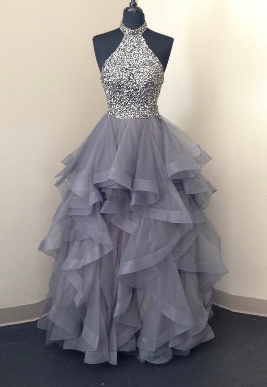 Prom Dresses For Blondes, Grey Tulle Long Prom Dresses, A-Line Evening Dresses