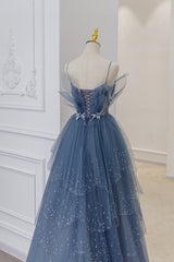 Formal Dress For Wedding Party, Blue Tulle Layers Straps Beaded Long Prom Dresses, A-Line Evening Dresses