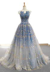 Formal Dresses Modest, Blue Tulle Gradient Prom Dress, Blue A-Line Strapless Evening Dress