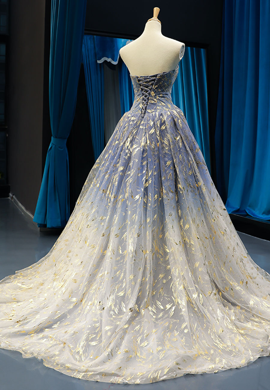 Formal Dress For Beach Wedding, Blue Tulle Gradient Prom Dress, Blue A-Line Strapless Evening Dress