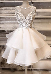 Formals Dresses Long, White Lace Short Prom Dresses, A-Line Homecoming Dresses
