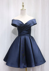 Prom Dress Black, A-Line Satin Off the Shoulder Short Prom Dress, Mini Evening Party Dress