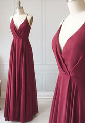 Cocktail Party Outfit, Burgundy Chiffon Long Prom Dress, Simple V-Neck Evening Dress