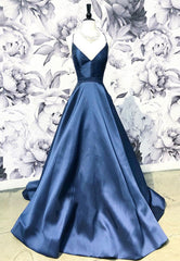 Evening Dress Vintage, Blue Satin Long A-Line Prom Dress, Simple V-Neck Evening Dress