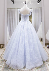 Prom Dresses Country, Light Blue Tulle Lace Long Prom Dress, A-Line Graduation Dress