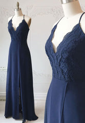 Homecoming Dress Under 64, Blue Chiffon Lace Long Prom Dress, Blue A-Line Evening Dress