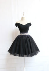 Prom Dress Brands, Black Off the Shoulder Short Prom Dress, A-Line Homecoming Dress