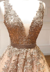 Dress Design, Plunging V-Neck Tulle Long Prom Dresses, Lace Formal Dresses