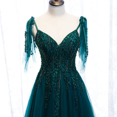 Prom Dresses Mermaid, Lovely A-line Straps Tulle Teal Blue Long Evening Dress Prom Dress, A-line Formal Dresses