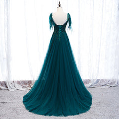 Prom Dress Store Near Me, Lovely A-line Straps Tulle Teal Blue Long Evening Dress Prom Dress, A-line Formal Dresses