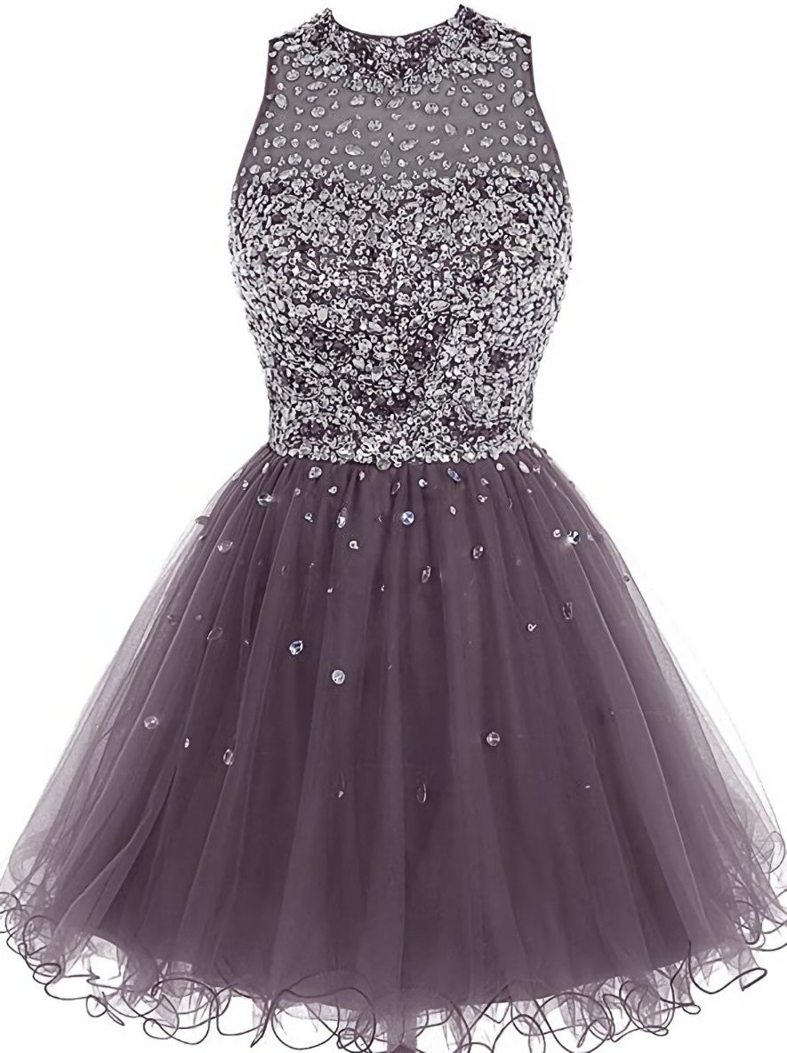 Party Dress Purple, Lovely Beaded Tulle Homecoming Dress, Short Prom Dress