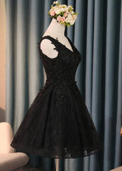 Formal Dresses For Woman, Lovely Black Lace V-neckline Short Homecoming Dress, Black Party Dress