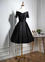 Cute Summer Dress, Lovely Black Satin Short Prom Dress, Black Party Dress