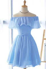 Mini Dress Formal, Lovely Blue Short Chiffon Off Shoulder Party Dress, A-line Prom Dress