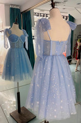 Evening Dress With Sleeves Uk, Lovely Blue Short Tulle Homecoming Dress Prom Dresses, Blue Evening Dresses