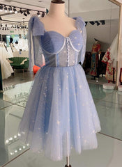Evening Dresses For Over 50S, Lovely Blue Short Tulle Homecoming Dress Prom Dresses, Blue Evening Dresses