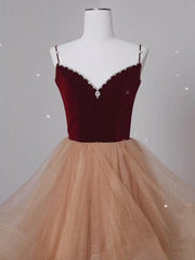 Party Dresses Stores, Lovely Champagne Tulle and Wine Red Velvet Straps Prom Dress, A-line Long Party Dress