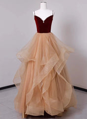 Party Dresses Store, Lovely Champagne Tulle and Wine Red Velvet Straps Prom Dress, A-line Long Party Dress