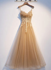 Dress Short, Lovely Champagne Tulle with Lace Long Formal Dress, Champagne Prom Dress