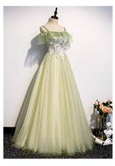 Evening Gown, Lovely Flowers Off Shoulder Tulle Long Party Dress, A-line Tulle Light Green Prom Dress