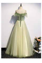 Black Bridesmaid Dress, Lovely Flowers Off Shoulder Tulle Long Party Dress, A-line Tulle Light Green Prom Dress