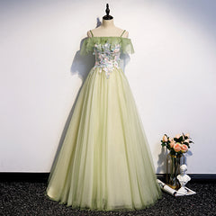 Purple Prom Dress, Lovely Flowers Off Shoulder Tulle Long Party Dress, A-line Tulle Light Green Prom Dress