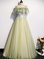 Blue Prom Dress, Lovely Flowers Off Shoulder Tulle Long Party Dress, A-line Tulle Light Green Prom Dress