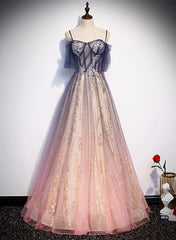 Bridesmaid Dress Styles, Lovely Gradient A-line Tulle with Lace Long Prom Dress, Long Formal Dress Party Dress
