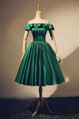 Formal Dresses Cheap, Lovely Green Satin Off Shoulder Knee Length Homecoming Dress, Short Prom Dress