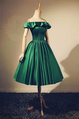 Formal Dresses Classy, Lovely Green Satin Off Shoulder Knee Length Homecoming Dress, Short Prom Dress