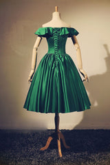 Formal Dresses 2023, Lovely Green Satin Off Shoulder Knee Length Homecoming Dress, Short Prom Dress