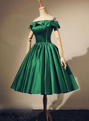 Formal Dresses Short, Lovely Green Satin Off Shoulder Knee Length Homecoming Dress, Short Prom Dress