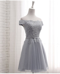 Evening Dresses For Weddings Guest, Lovely Grey Short Tulle Party Dress with Lace Applique, Bridesmaid Dresses  Cute Formal Dress