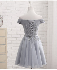 Evening Dress For Wedding Guest, Lovely Grey Short Tulle Party Dress with Lace Applique, Bridesmaid Dresses  Cute Formal Dress