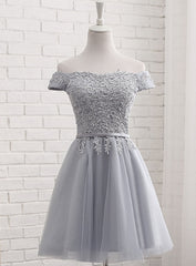 Evenning Dress For Wedding Guest, Lovely Grey Short Tulle Party Dress with Lace Applique, Bridesmaid Dresses  Cute Formal Dress