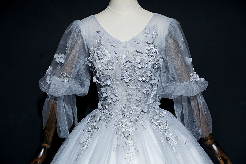 Homecoming Dress Floral, Lovely Grey Tulle Puffy Sleeves with Lace Long Formal Dress, Sweet 16 Dresses