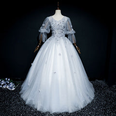 Homecomming Dresses Floral, Lovely Grey Tulle Puffy Sleeves with Lace Long Formal Dress, Sweet 16 Dresses