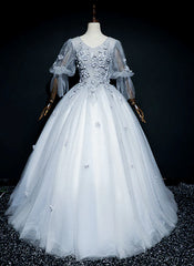 Homecoming Dress With Sleeves, Lovely Grey Tulle Puffy Sleeves with Lace Long Formal Dress, Sweet 16 Dresses
