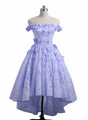 Design Dress, Lovely Lavender High Low Lace Party Dress, Cute Off Shoulder Prom Dress