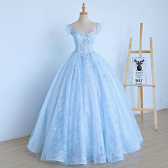 Party Dresses For Wedding, Lovely Light Blue Lace Cap Sleeve Sweet 16 Prom Dress, Evening Dress