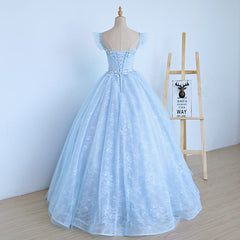 Party Dresses For Weddings, Lovely Light Blue Lace Cap Sleeve Sweet 16 Prom Dress, Evening Dress