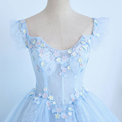 Party Dress Summer, Lovely Light Blue Lace Cap Sleeve Sweet 16 Prom Dress, Evening Dress